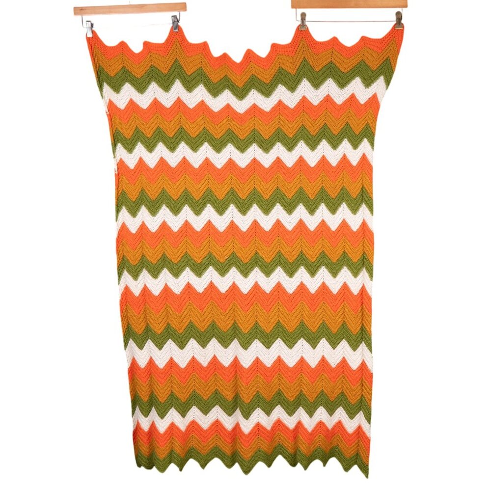 Chevron Afghan Throw Blanket VTG Orange Green Yellow Crochet Zigzag 70s 80s